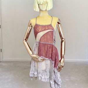 Gimmicks by BKE Pink/ Gray Lace Lace Asymmetrical Spaghetti Straps Dress XS